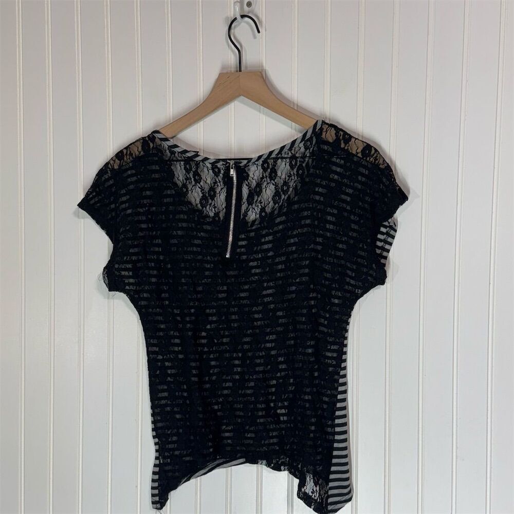 Charlotte Russe Lace Back Striped Tee S Grunge Y2K USA Made Black Gray Mesh - Picture 3 of 6